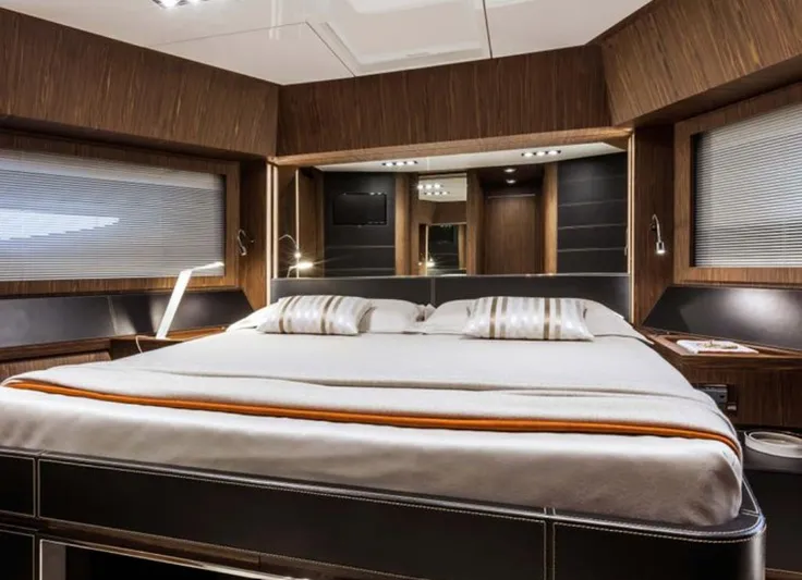  Yacht Photos Pics Luxurious bedroom interior of 2017 Riva 88' Domino Super yacht with modern design.