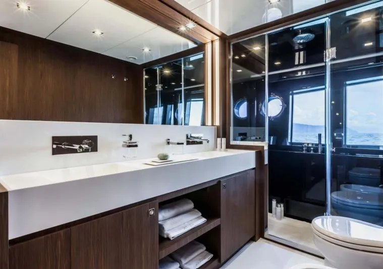  Yacht Photos Pics Luxurious bathroom interior of 2017 Riva 88' Domino Super yacht.