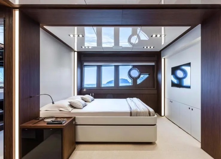  Yacht Photos Pics Luxurious bedroom interior on 2017 Riva 88' Domino Super yacht with modern design and sea view.