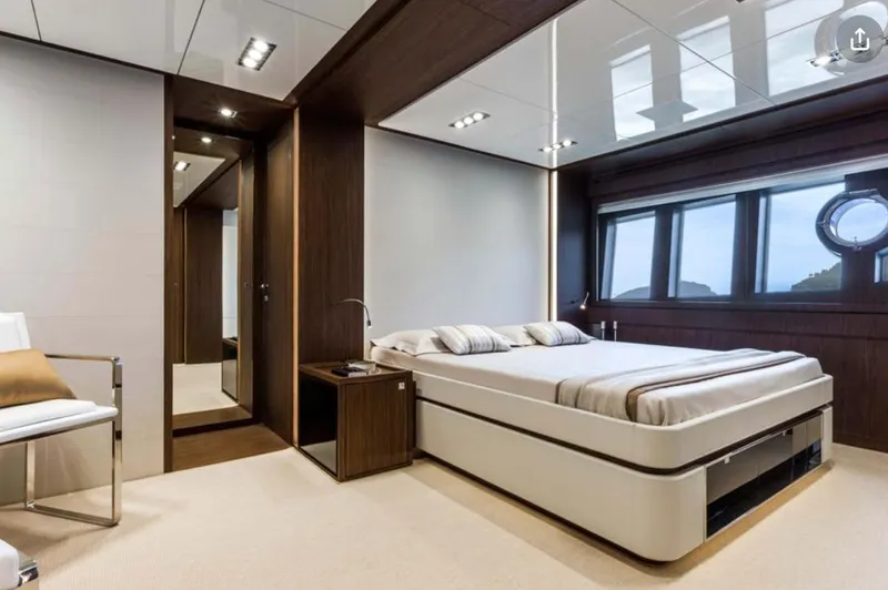  Yacht Photos Pics Luxurious bedroom interior on 2017 Riva 88' Domino Super yacht, featuring modern design and large windows.