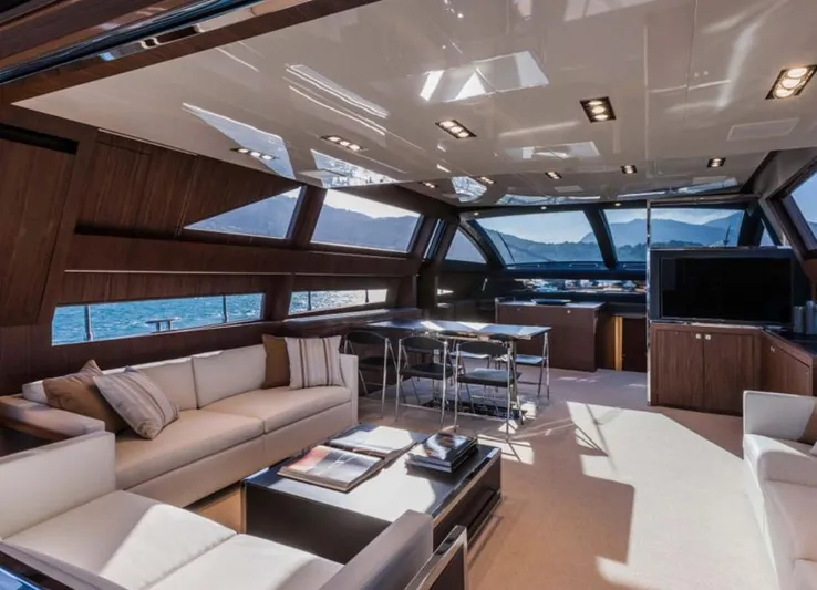  Yacht Photos Pics Luxurious interior of 2017 Riva 88' Domino Super yacht with modern furnishings and panoramic windows.