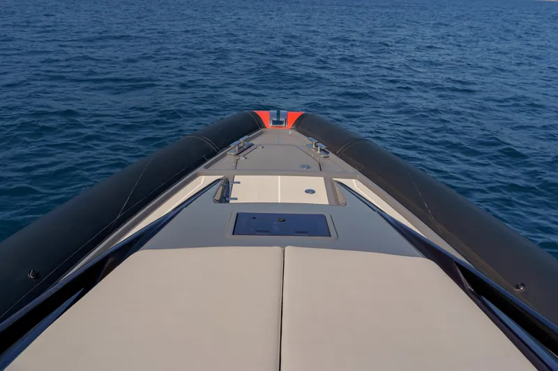  Yacht Photos Pics 2023 Anvera 48 boat deck on open sea, showcasing sleek design and luxury.