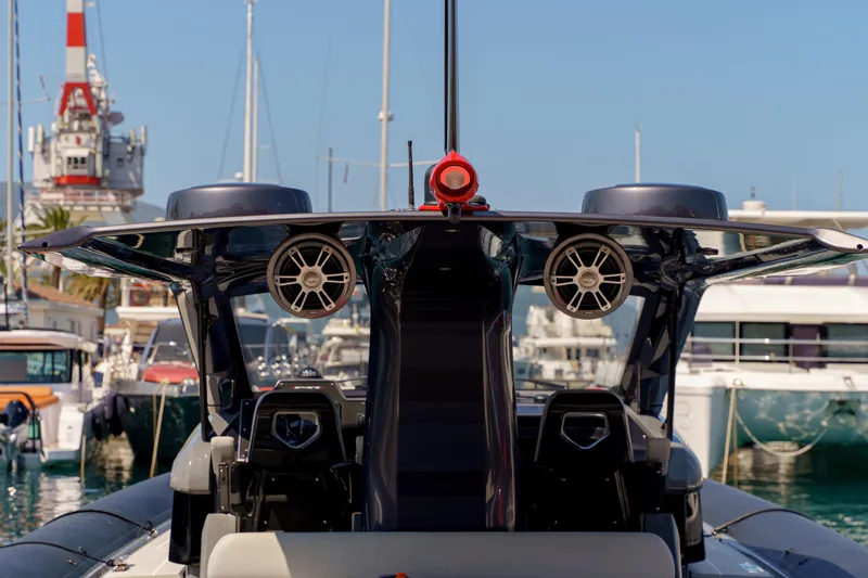  Yacht Photos Pics 2023 Anvera 48 yacht docked in marina, showcasing sleek design and advanced features.