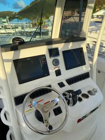 Endless Summer Yacht Photos Pics 2014 Boston Whaler 320 Outrage helm with dual displays.