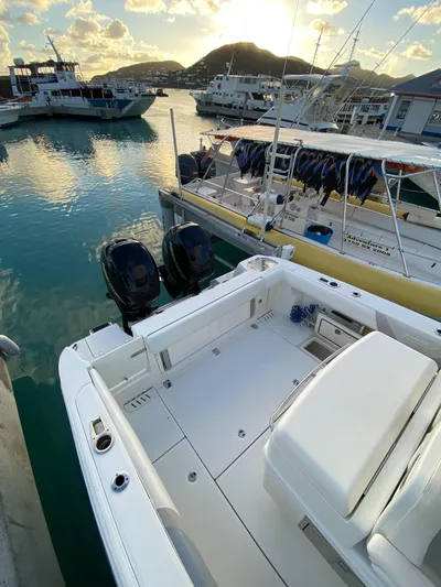 Endless Summer Yacht Photos Pics Boston Whaler 320 Outrage 2014 docked at sunset.