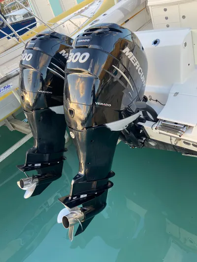 Endless Summer Yacht Photos Pics 2014 Boston Whaler 320 Outrage with twin Mercury engines.