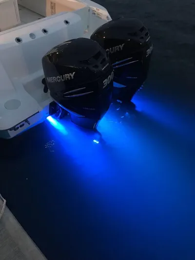 Endless Summer Yacht Photos Pics 2014 Boston Whaler 320 Outrage with illuminated Mercury engines.