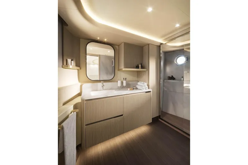  Yacht Photos Pics Luxurious bathroom interior of 2026 Absolute Navetta 66 yacht, featuring modern design and elegant fixtures.