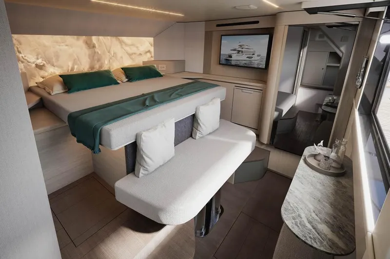  Yacht Photos Pics Luxurious interior of 2026 Absolute Navetta 66 yacht with modern bedroom design.