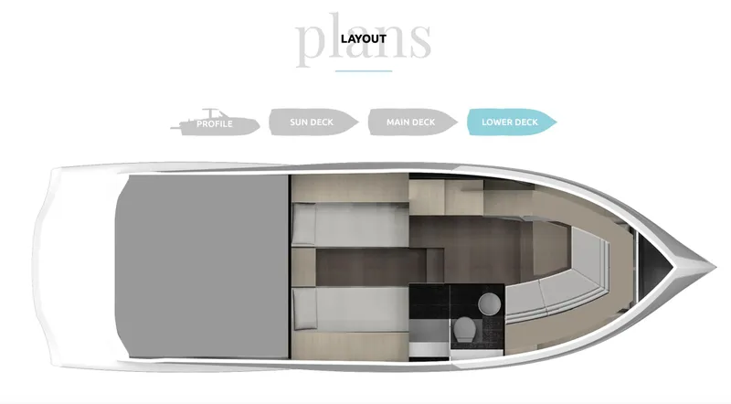 Sea-curitini Yacht Photos Pics Lower deck layout of 2024 Astondoa 377 yacht, featuring cabins and seating area.