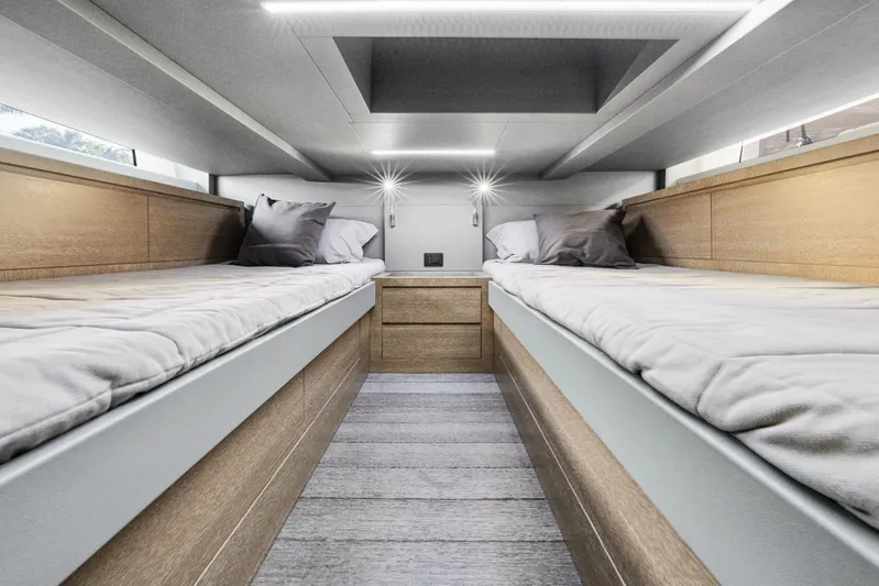 Sea-curitini Yacht Photos Pics 2024 Astondoa 377 cabin interior with twin beds and modern lighting.