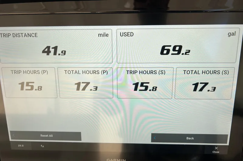 Seaquel Yacht Photos Pics Display screen showing trip data for Pursuit OS 355 Offshore 2026, including distance and fuel usage.
