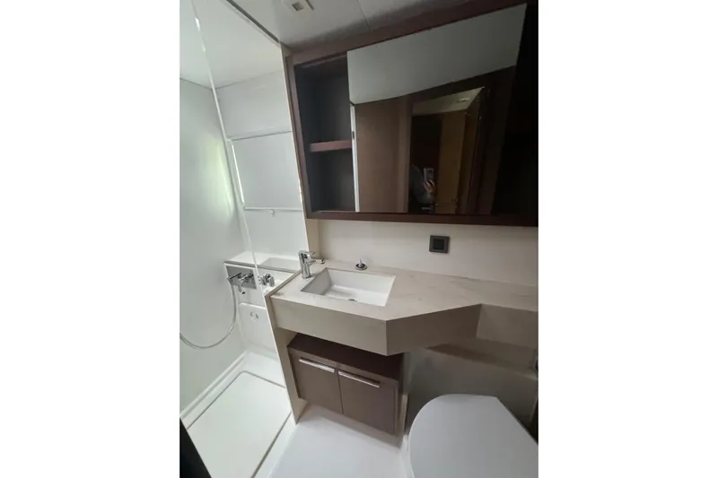 Cc Princess Yacht Photos Pics Modern bathroom in 2020 Lagoon 46 yacht with sleek fixtures and ample storage.