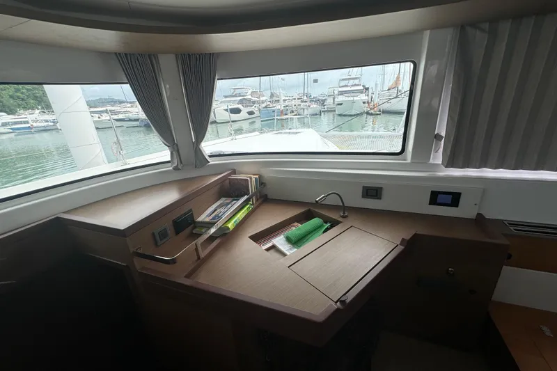 Cc Princess Yacht Photos Pics Interior view of 2020 Lagoon 46 yacht with marina backdrop.