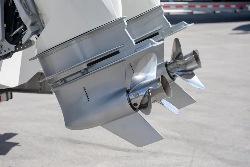 Seavee Yacht Photos Pics 2021 SeaVee 322Z boat propellers, close-up view of dual stainless steel blades.