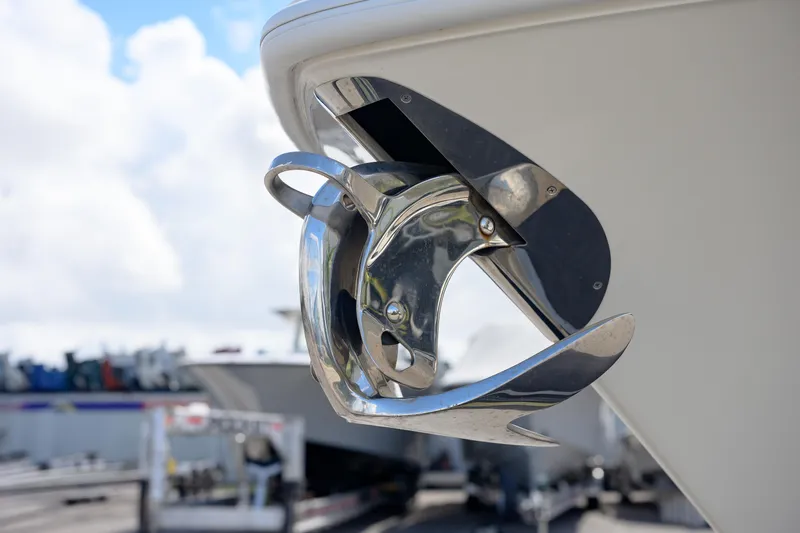 Seavee Yacht Photos Pics 2021 SeaVee 322Z boat anchor detail with polished metal finish.