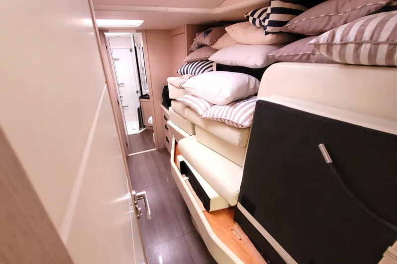 Ana Maria III Yacht Photos Pics Interior of 2022 Jeanneau 65 yacht with stacked pillows and modern design.
