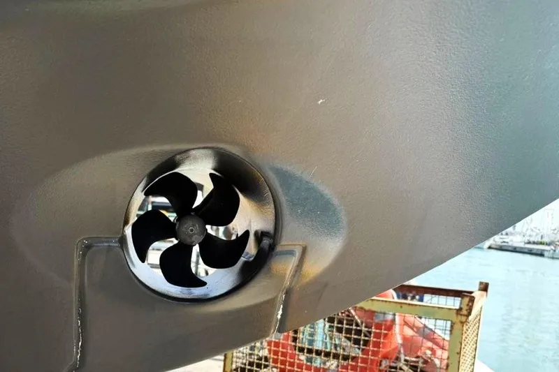  Yacht Photos Pics 2025 Jeanneau Merry Fisher 1095 bow thruster detail at dockside.