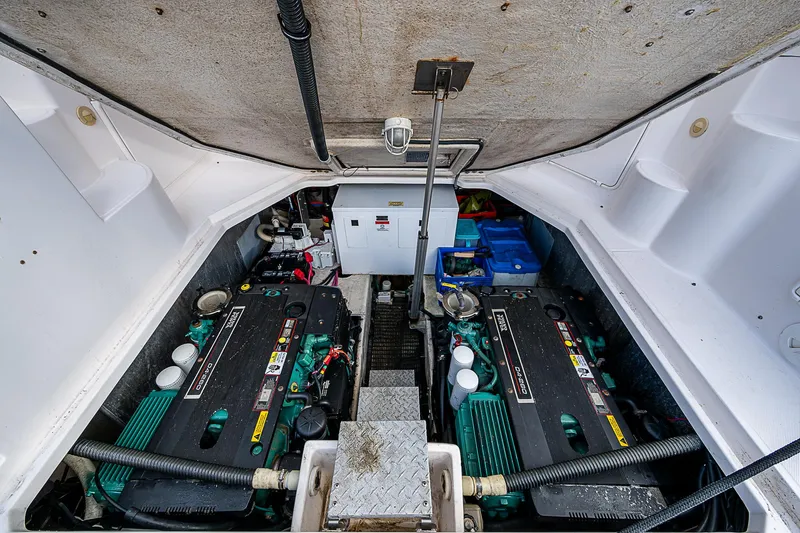  Yacht Photos Pics Engine compartment of 2008 Regal Commodore 3760 IB boat, showcasing dual engines.
