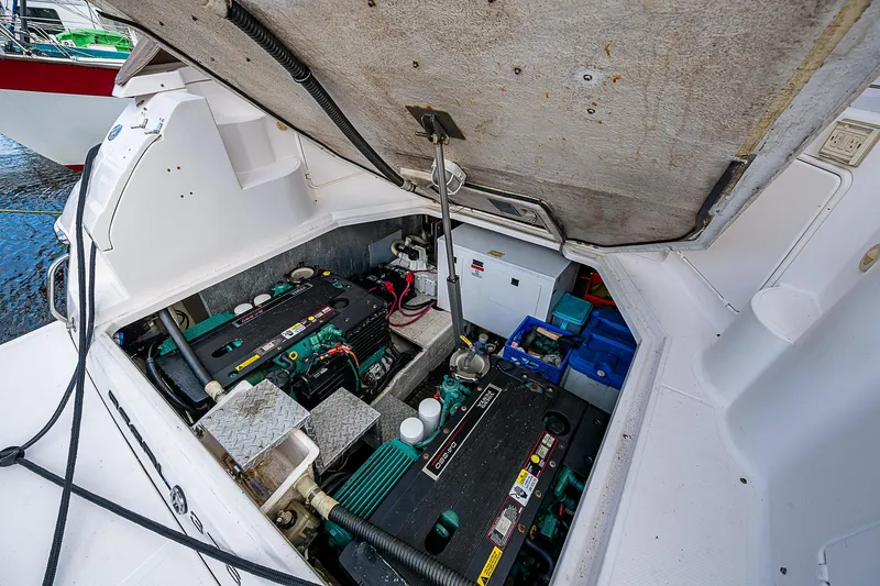  Yacht Photos Pics Engine compartment of 2008 Regal Commodore 3760 IB boat, showcasing internal components.