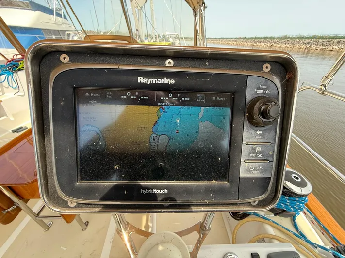 Chapter 9 Yacht Photos Pics Raymarine navigation system on 2012 Tartan 4000 sailboat, displaying nautical chart.