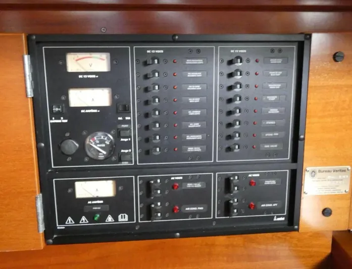 Princessa Yacht Photos Pics Electrical control panel on a 2000 Beneteau 44 Center Cockpit sailboat.