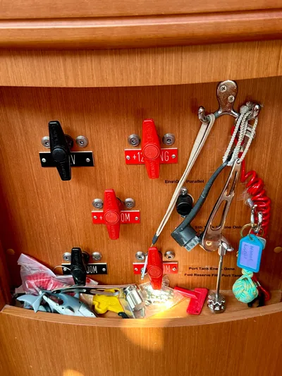 Après Yacht Photos Pics Control panel with switches and tools on a 2010 Beneteau 57 yacht.