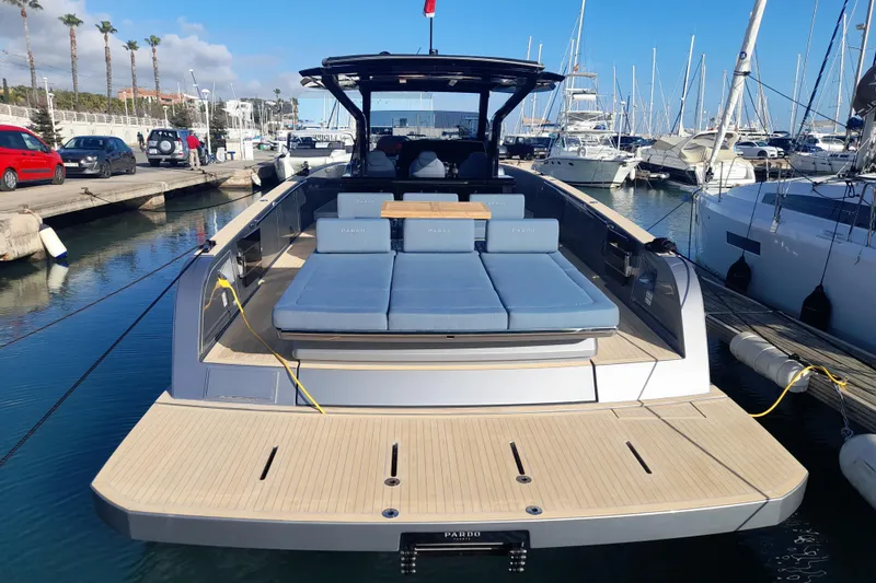  Yacht Photos Pics Luxury 2026 Pardo Yachts 43 docked, featuring spacious deck and modern design.
