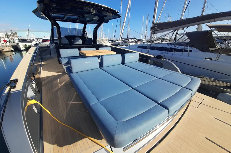  Yacht Photos Pics 2026 Pardo Yachts 43 with spacious deck and luxurious seating at marina.