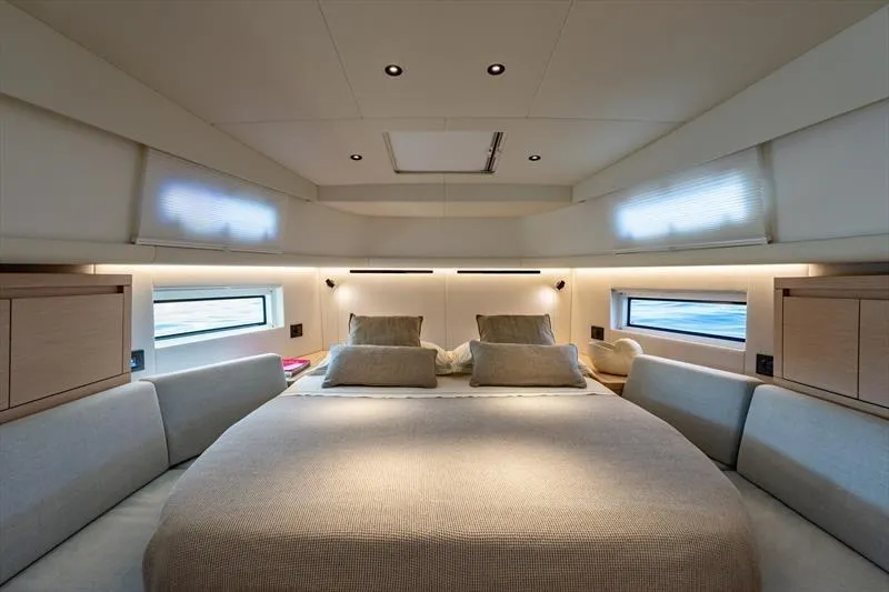  Yacht Photos Pics Luxurious interior of 2026 Pardo Yachts 43, featuring a spacious, elegant bedroom design.