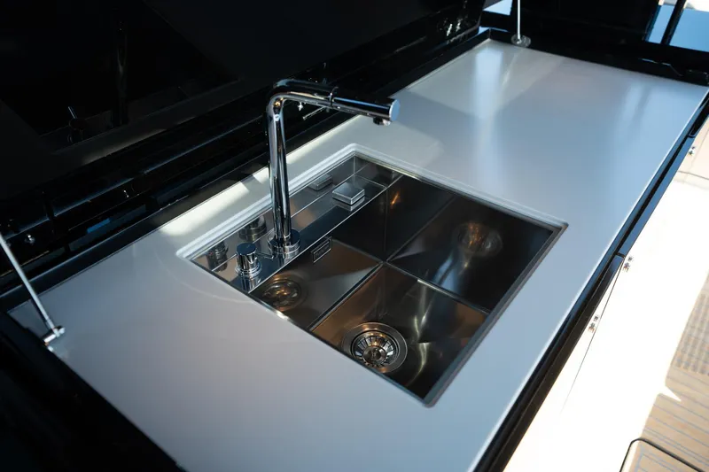  Yacht Photos Pics Modern kitchen sink on 2026 Pardo Yachts 43, featuring sleek stainless steel design.