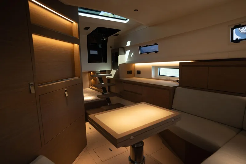  Yacht Photos Pics Luxurious interior of 2026 Pardo Yachts 43, featuring modern design and ambient lighting.