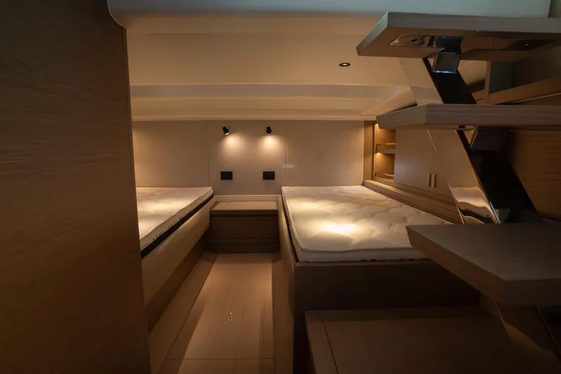  Yacht Photos Pics Luxurious interior cabin of 2026 Pardo Yachts 43, featuring modern design and cozy lighting.