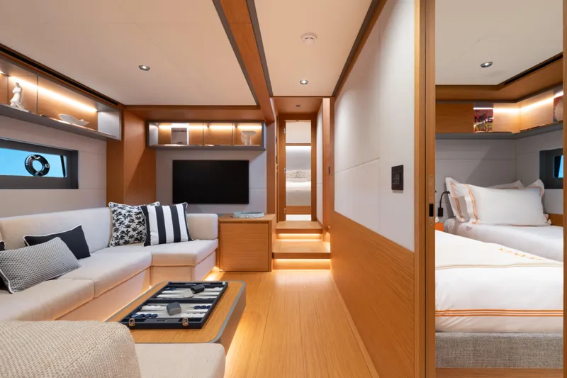 Pardo 75 Gt Yacht Photos Pics Luxurious interior of 2026 Pardo Yachts 75GT, featuring modern design and cozy seating.