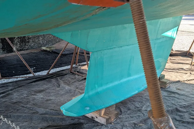 Celebration Yacht Photos Pics Tartan 4100 sailboat keel, 2001 model, on dry dock for maintenance.