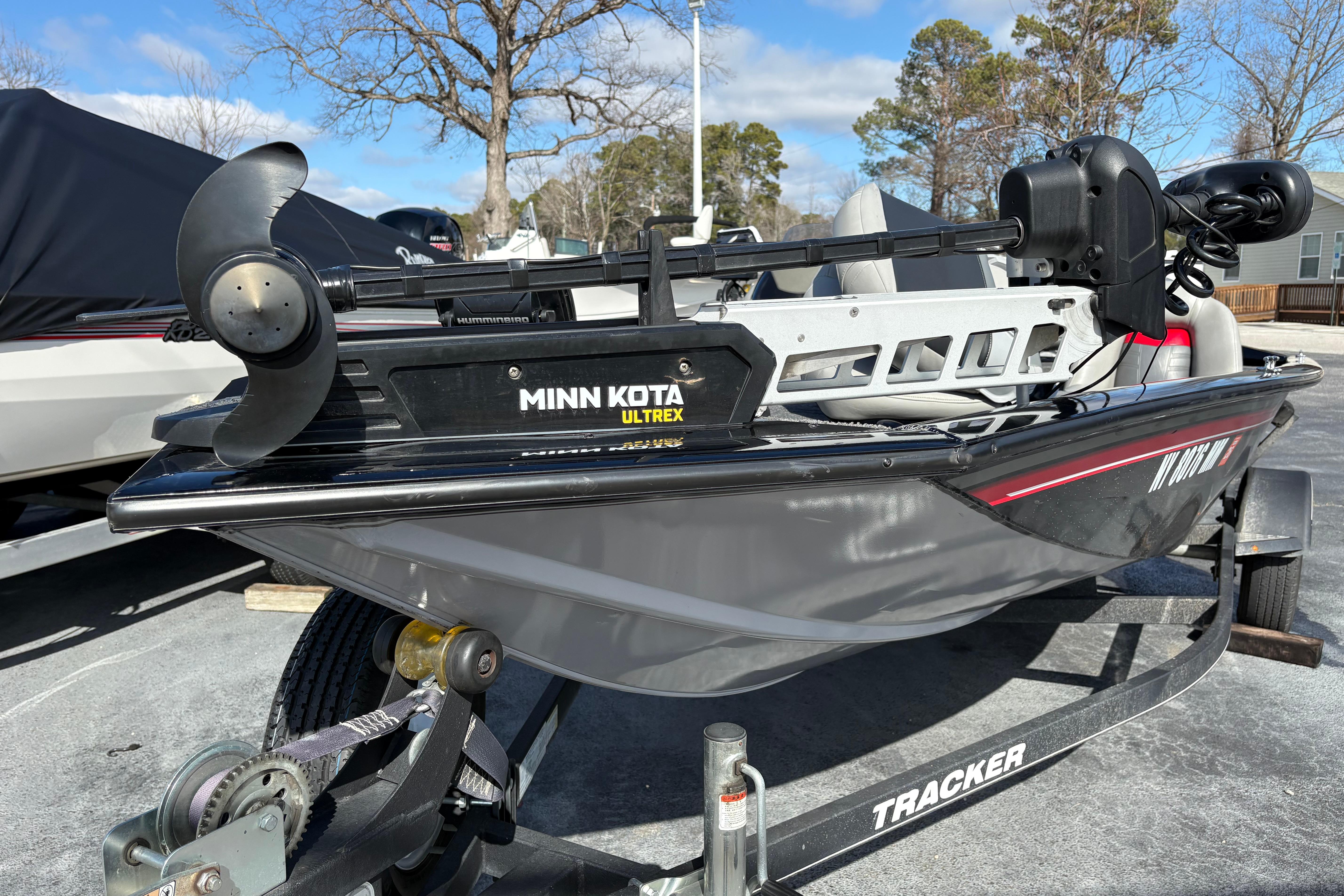 2017 Tracker Pro Team 175 TXW boat with Minn Kota Ultrex motor on trailer.
