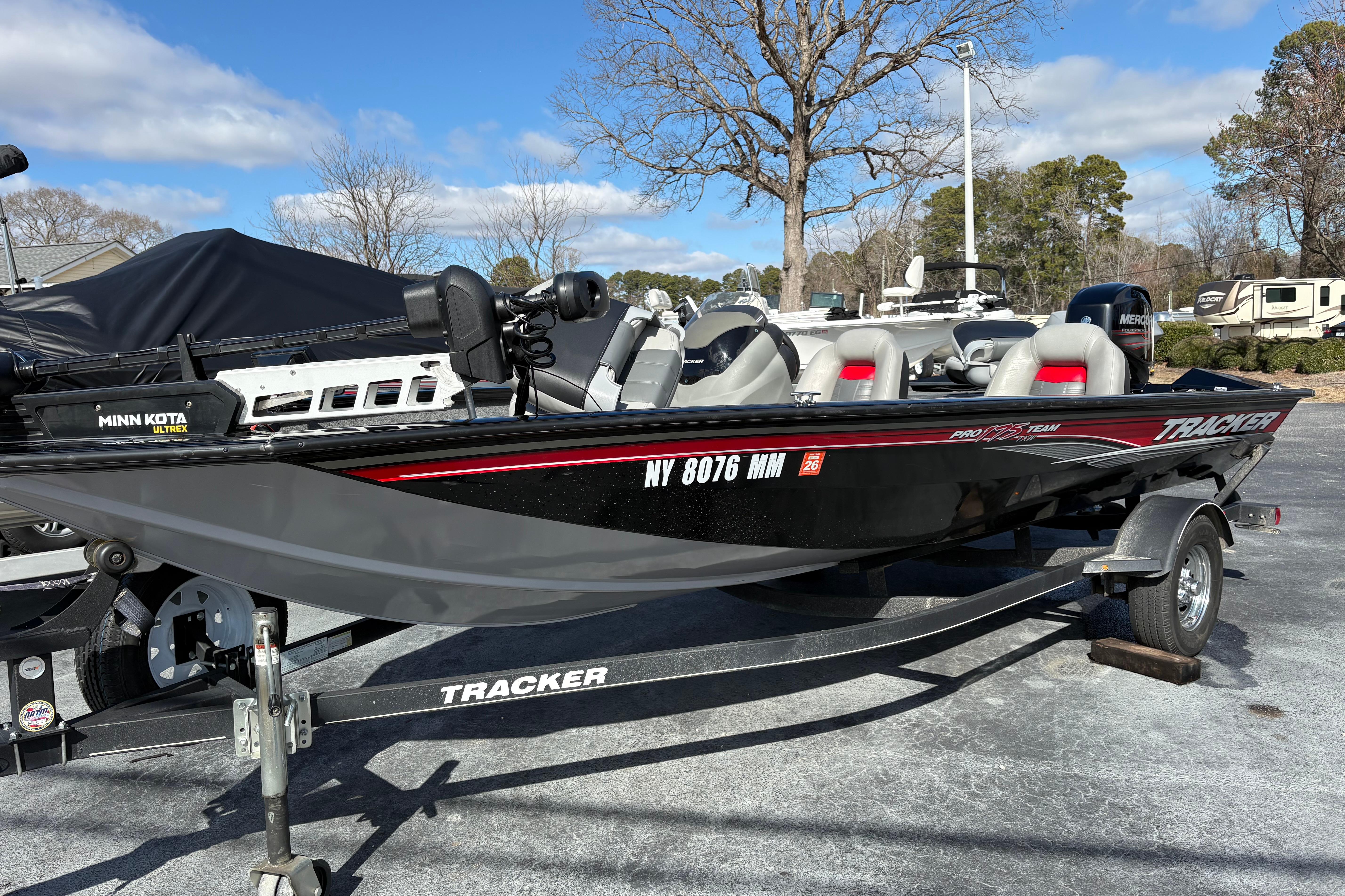 2017 Tracker Pro Team 175 TXW fishing boat on trailer, equipped with Minn Kota Ultrex.