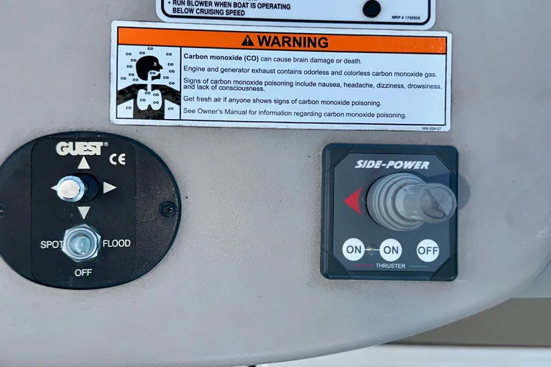 Lonie Marie Yacht Photos Pics Control panel of a 2008 Sea Ray 340 Sundancer with carbon monoxide warning.