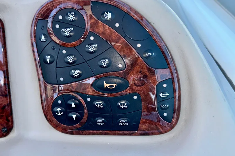 Lonie Marie Yacht Photos Pics Control panel of a 2008 Sea Ray 340 Sundancer boat with various function buttons.