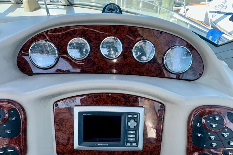 Lonie Marie Yacht Photos Pics Dashboard of 2008 Sea Ray 340 Sundancer with gauges and navigation controls.