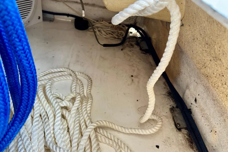 Lonie Marie Yacht Photos Pics Coiled ropes on 2008 Sea Ray 340 Sundancer boat deck, featuring blue and white lines.