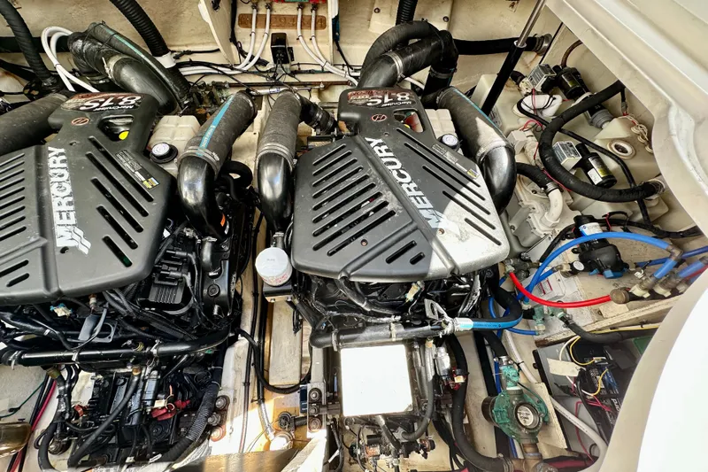Lonie Marie Yacht Photos Pics Engine compartment of a 2008 Sea Ray 340 Sundancer with twin Mercury engines.
