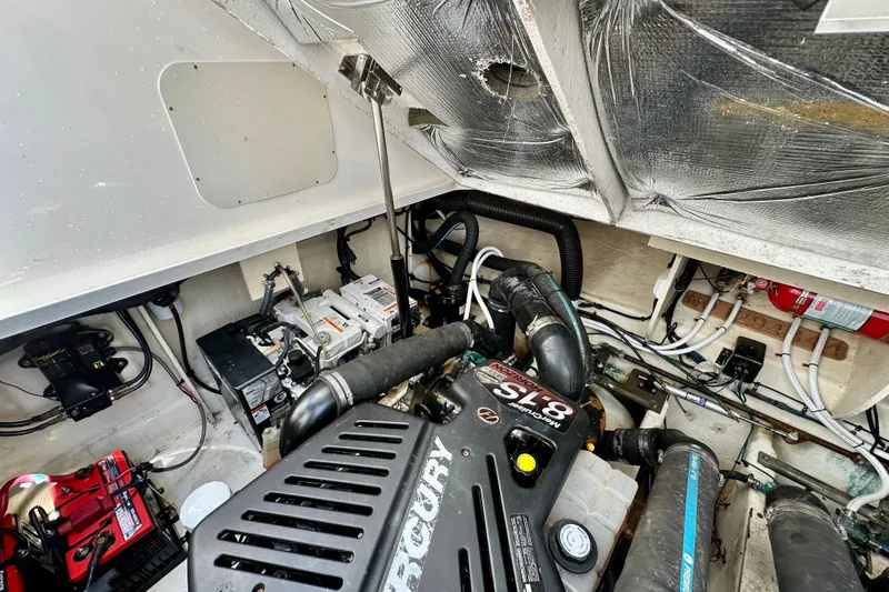 Lonie Marie Yacht Photos Pics Engine room of 2008 Sea Ray 340 Sundancer with Mercury engine and wiring.