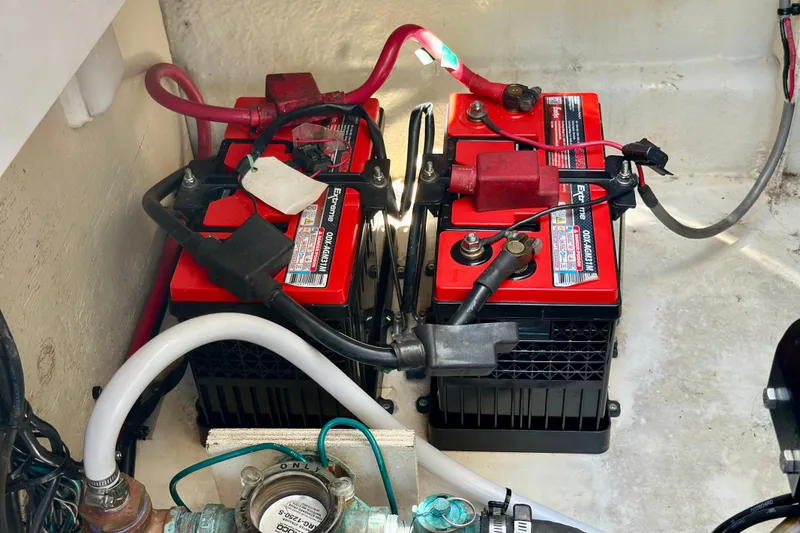 Lonie Marie Yacht Photos Pics Batteries in a 2008 Sea Ray 340 Sundancer boat engine compartment.