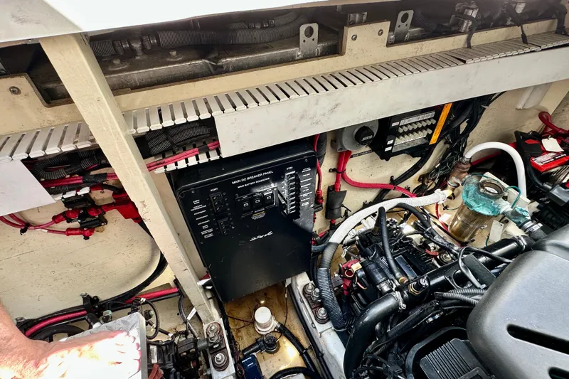 Lonie Marie Yacht Photos Pics Engine compartment of a 2008 Sea Ray 340 Sundancer with wiring and breaker panel.