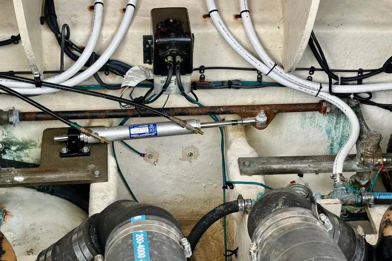 Lonie Marie Yacht Photos Pics Engine compartment of a 2008 Sea Ray 340 Sundancer with visible wiring and components.