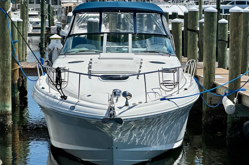 Lonie Marie Yacht Photos Pics 2008 Sea Ray 340 Sundancer docked at marina, front view.