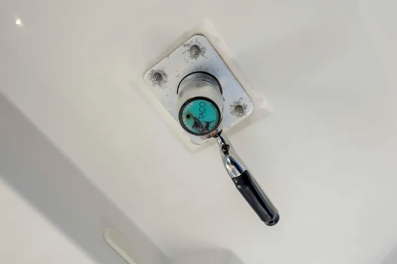  Yacht Photos Pics Close-up of a 2019 Boston Whaler 350 Outrage boat component with a handle.