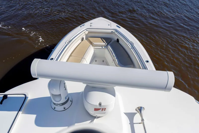  Yacht Photos Pics 2019 Boston Whaler 350 Outrage boat with spacious seating on calm water.