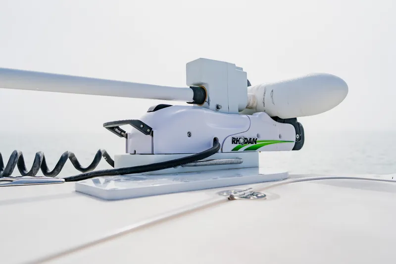  Yacht Photos Pics Rhodan trolling motor on 2021 Grady-White Canyon 306 boat, close-up view.